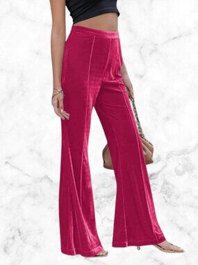 Rose Red Velvet Velour Flare Pants High Rise Elastic Waist Wide Leg Retro